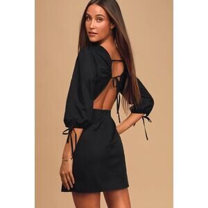 Lulus Womens Dress Dream About Me Backless Mini Faux Wrap  Puff Sleeve Black S